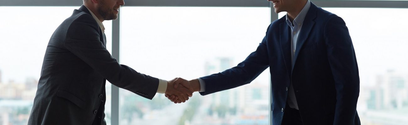 Young business partners handshaking over workplace in office